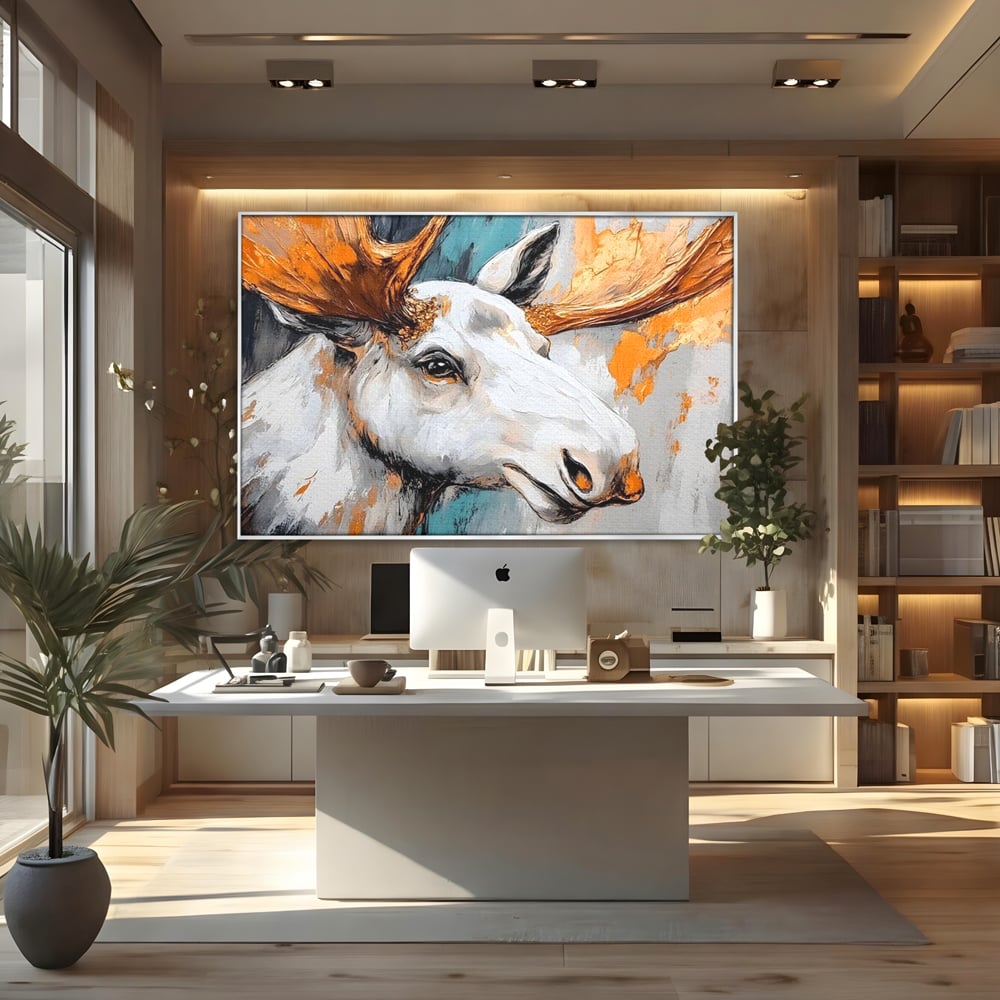 Tablou canvas cu tablou canvas cu cap de elan pictat, in rama de aluminiu argintiu, pe perete intr-un birou
